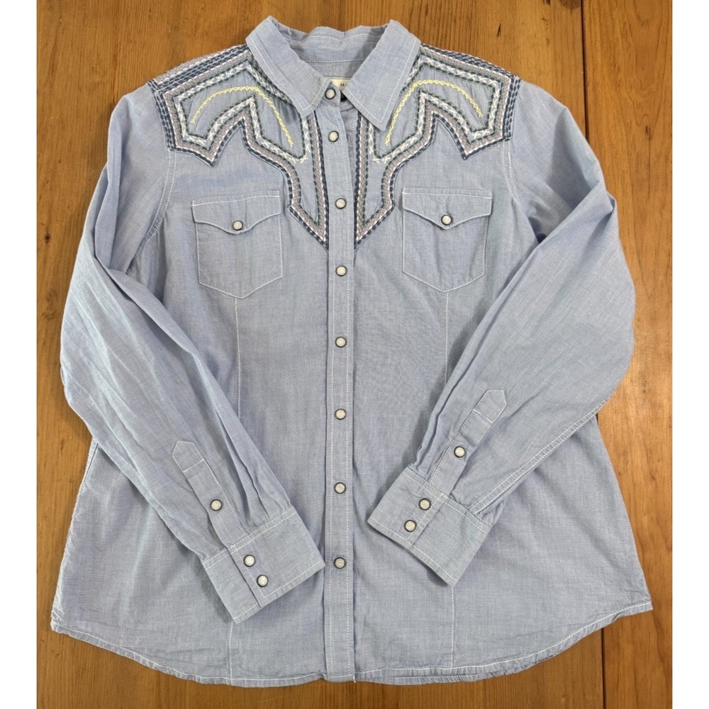 Ryan Michael Pearl Snap Button Shirt Embroidered Chambray CottonBlue Western XL